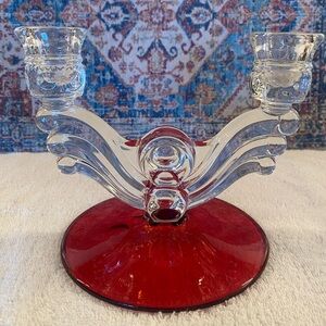 Tiffin-Franciscan Kings Crown Cranberry Flashed Double Light Candleholder